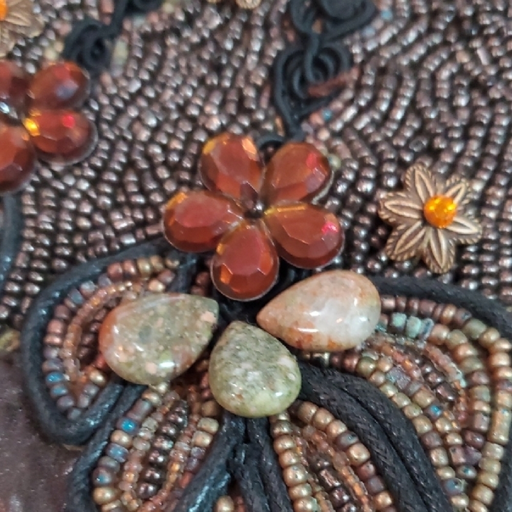 Mary Frances VINTAGE Brown Leathrr Embellished Beaded Shoulder Bag 8 X 4.5 - Picture 5 of 8